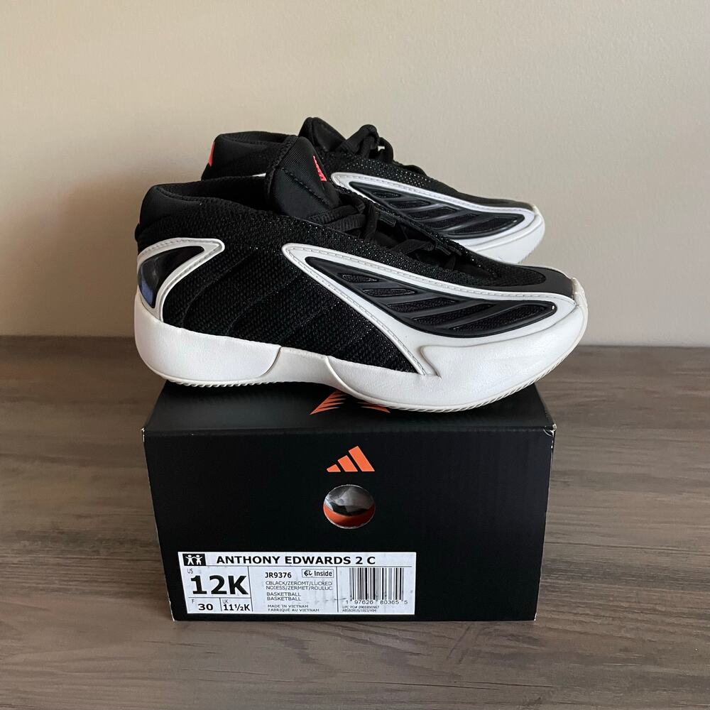 adidas Anthony Edwards 2 C AE 2 Kids 12K Black White Red JR9376 w/ Box